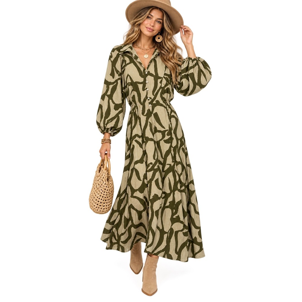 Umgee NWT Olive Abstract Smocked Waist Button Front Midi Dress M Artsy Boho